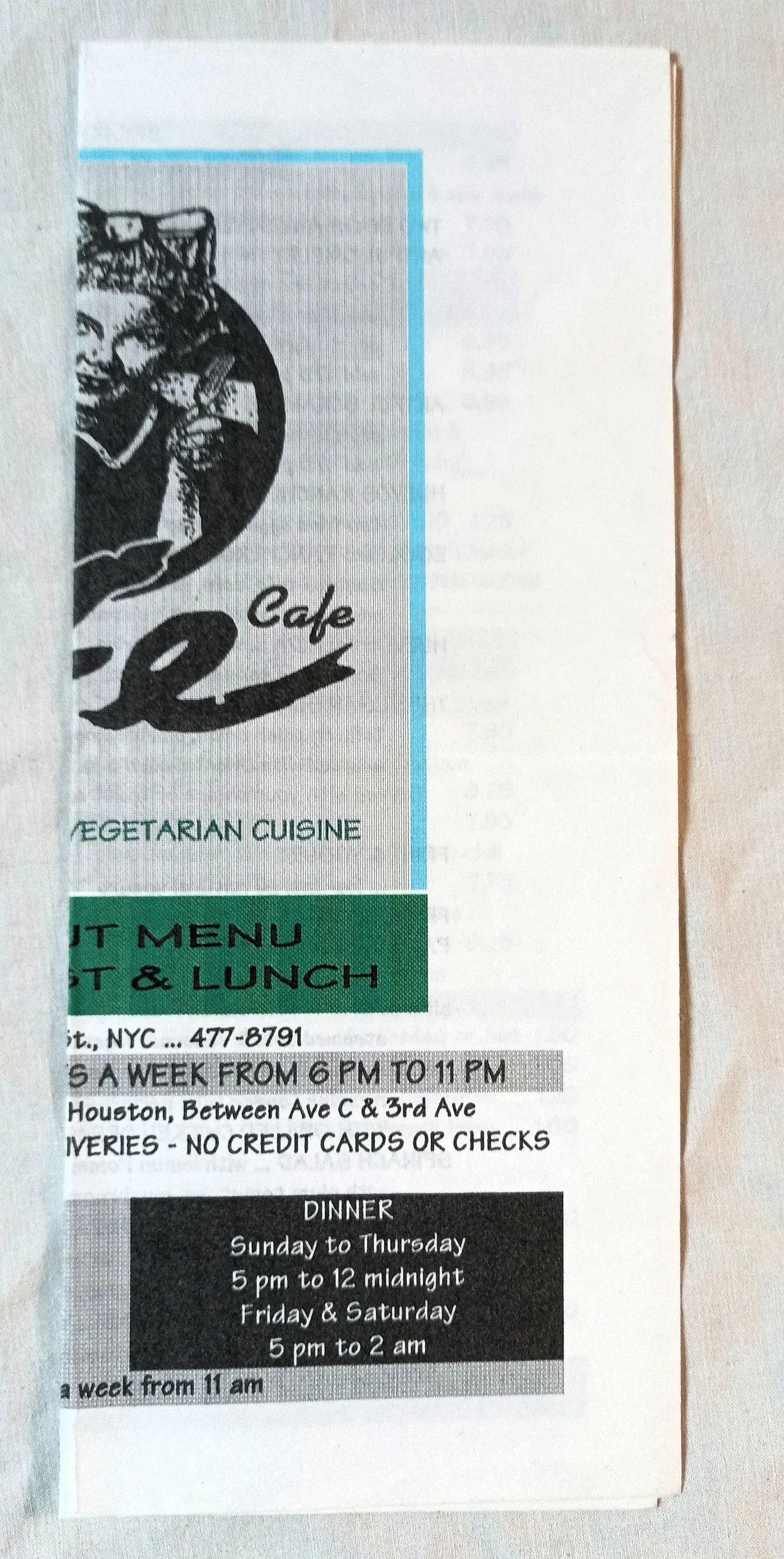 Life Cafe Ave B 10th St East Village NYC Restaurant Takeout Menu 2002 - TulipStuff