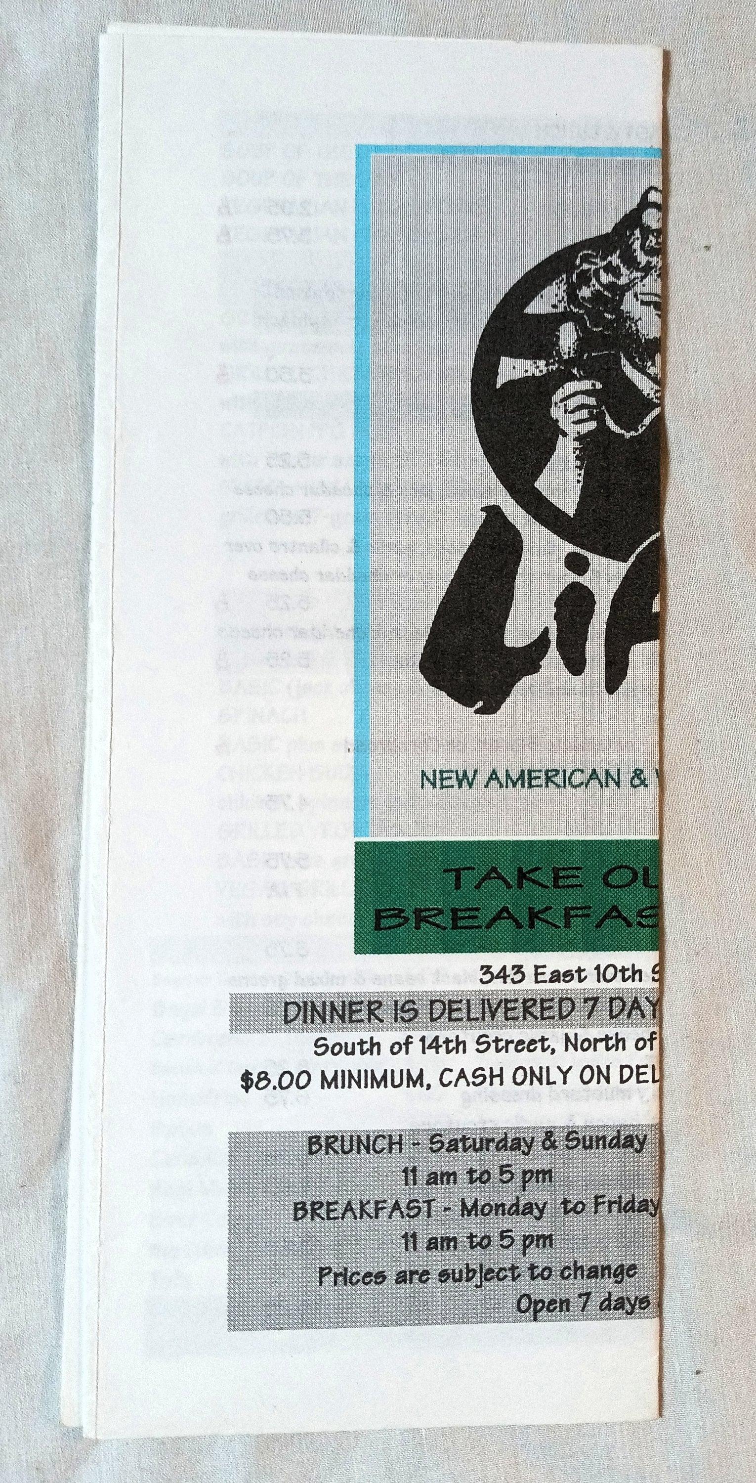 Life Cafe Ave B 10th St East Village NYC Restaurant Takeout Menu 2002 - TulipStuff