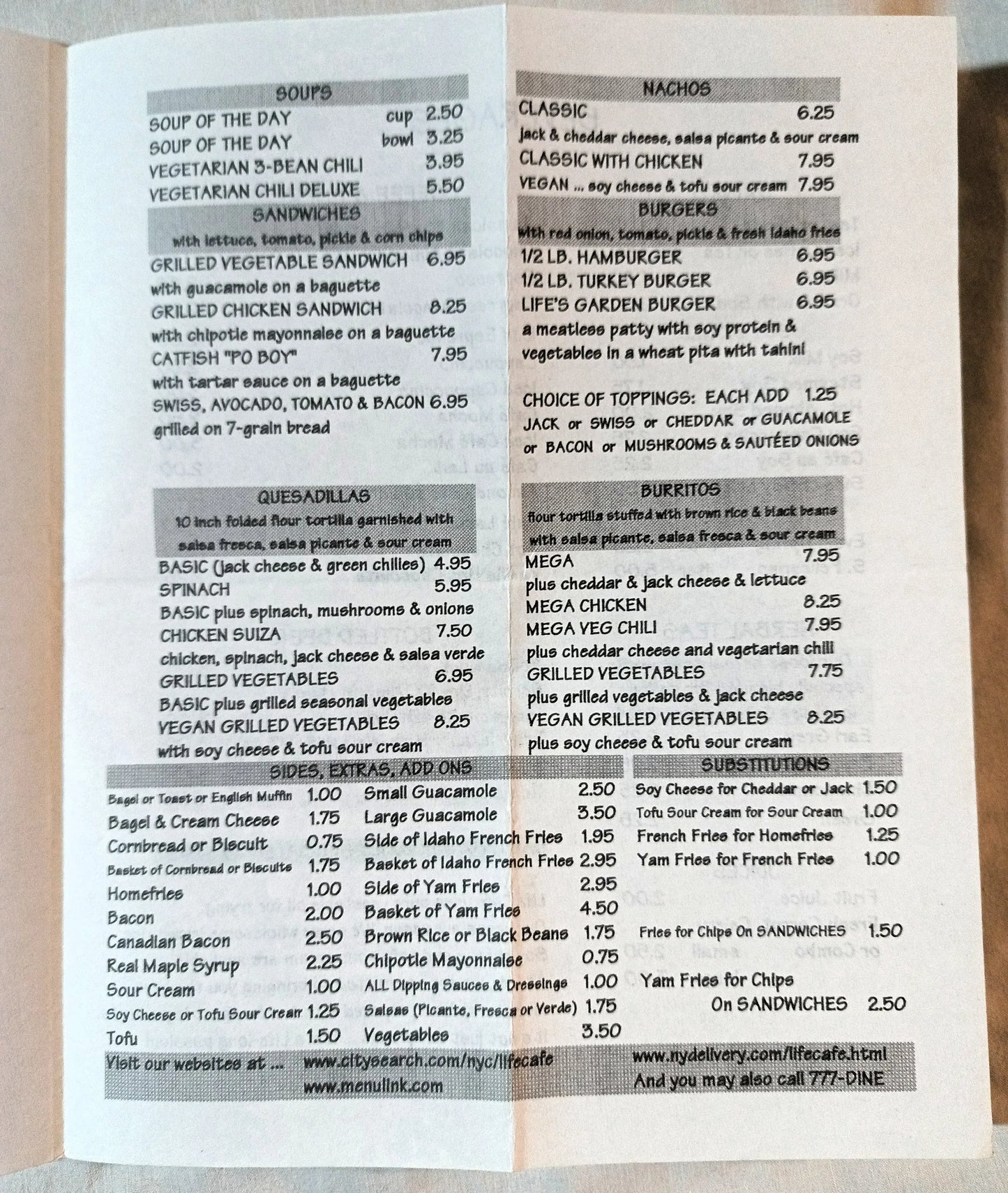 Life Cafe Ave B 10th St East Village NYC Restaurant Takeout Menu 2002