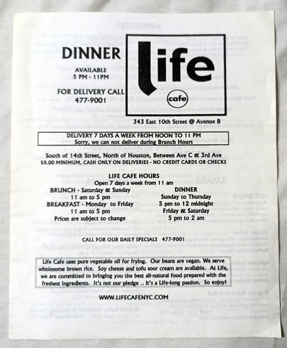 Life Cafe Ave B 10th St East Village NYC Restaurant Takeout Menu 2000's - TulipStuff