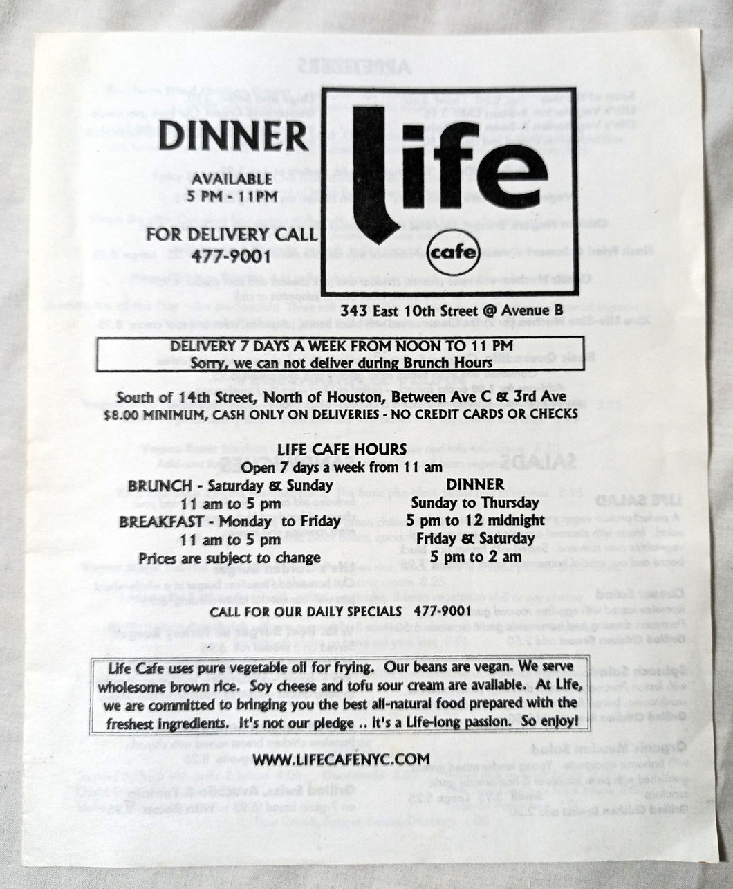 Life Cafe Ave B 10th St East Village NYC Restaurant Takeout Menu 2000's - TulipStuff