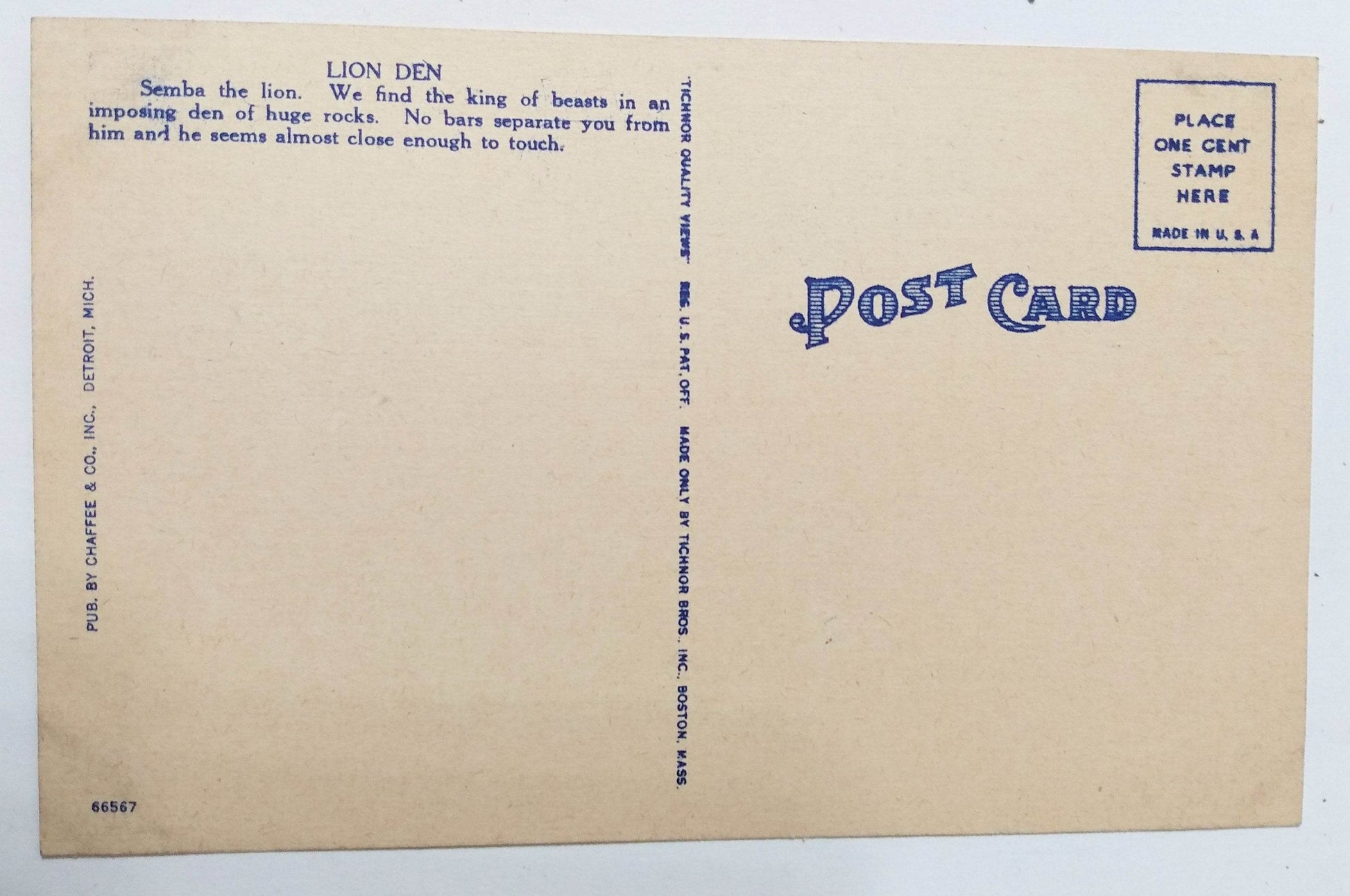 Lion Den In Zoological Park Detroit Michigan Linen Postcard 1940's - TulipStuff