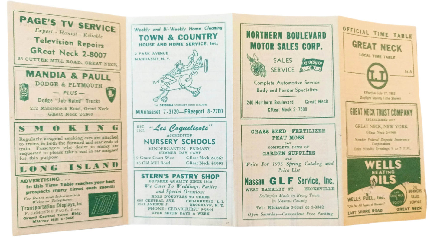 Long Island Railroad Great Neck Local Timetable July 1953 - TulipStuff