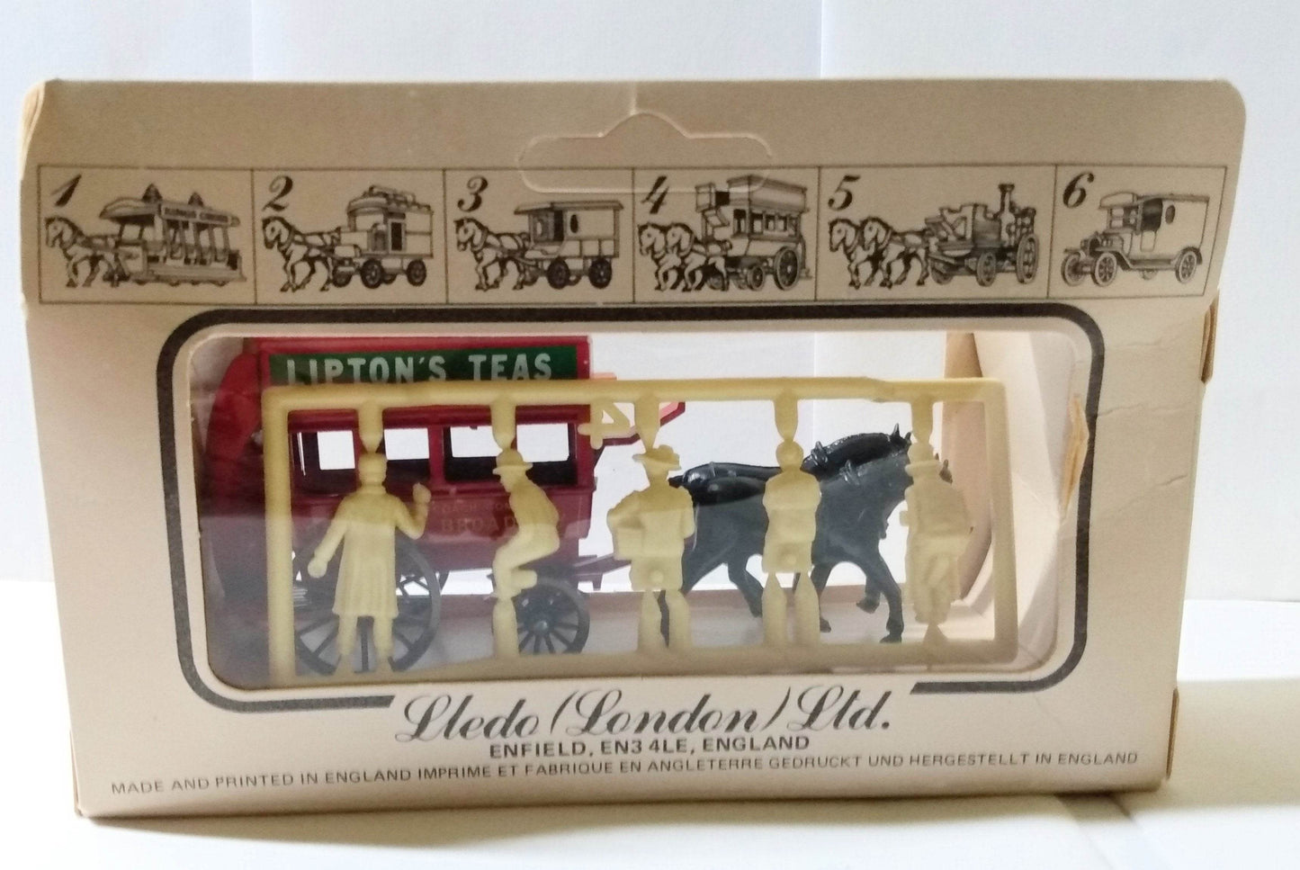 Lledo DG4 Lipton Teas Horse-Drawn Omnibus Bowery to Broadway Red 1984 - TulipStuff