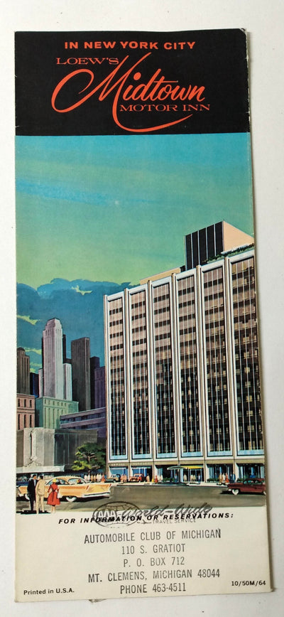 New York City Loew's Midtown Motor Inn 8th Ave 48th-49th 1964 Brochure - TulipStuff