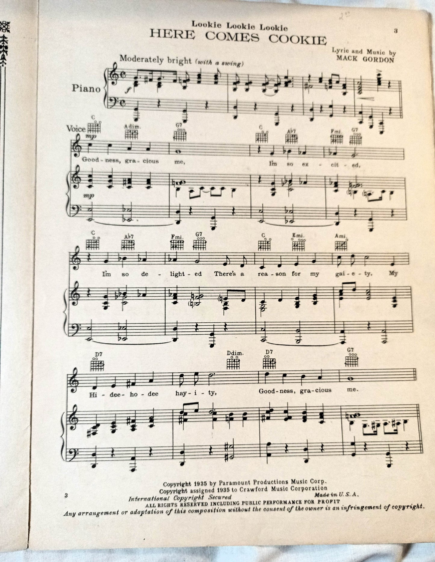 Lookie Lookie Lookie Here Comes Cookie Love In Bloom Sheet Music 1935 - TulipStuff