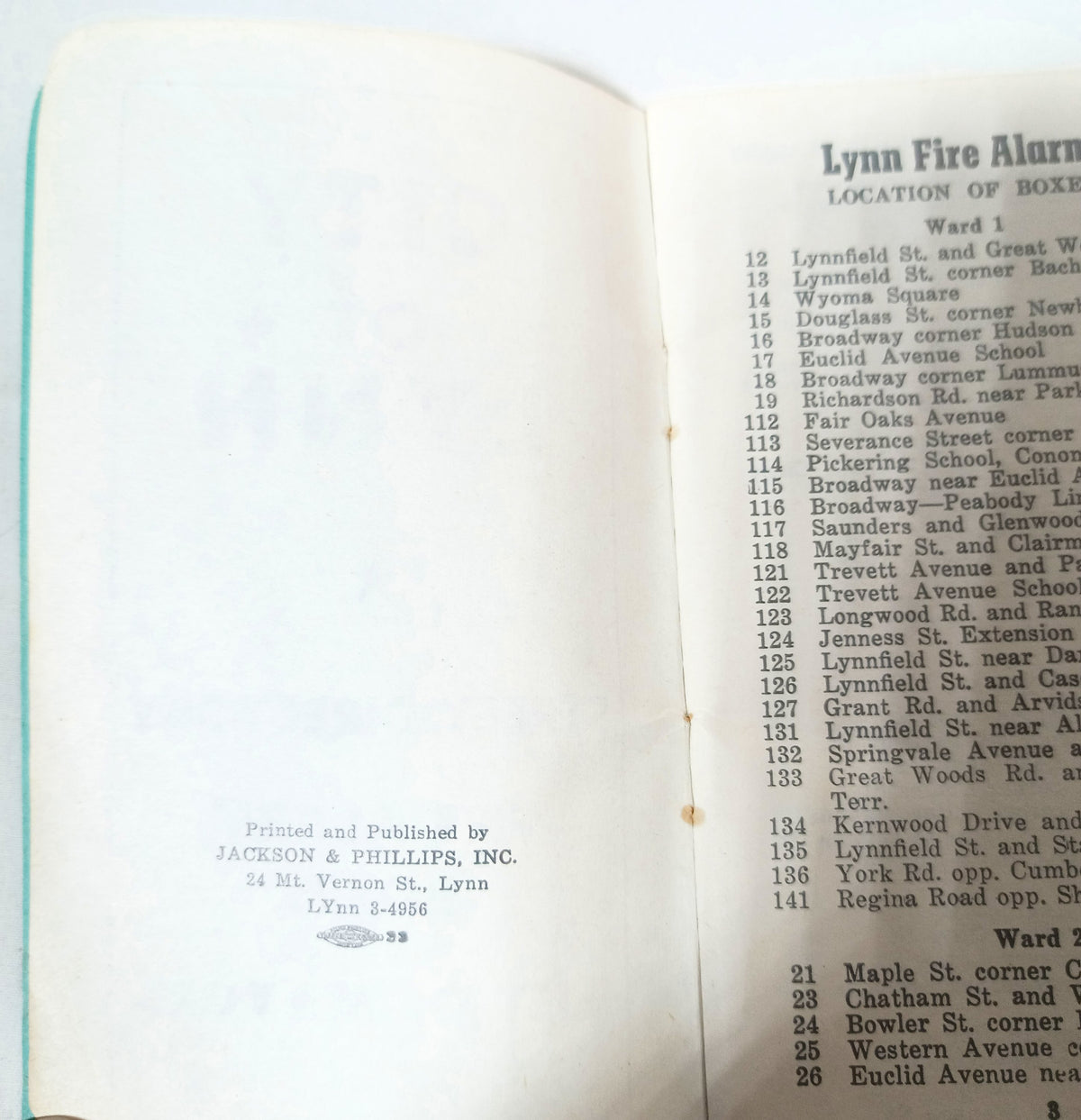City Of Lynn MA Street Directory Fire Alarm Boxes List Of Mayors 1952 - TulipStuff