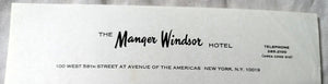 Manger Windsor Hotel 58th St 6th Ave New York City Stationary 1960's - TulipStuff