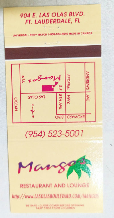 Mangos Restaurant Lounge Las Olas Ft Lauderdale Matchbook Cover 2000's - TulipStuff