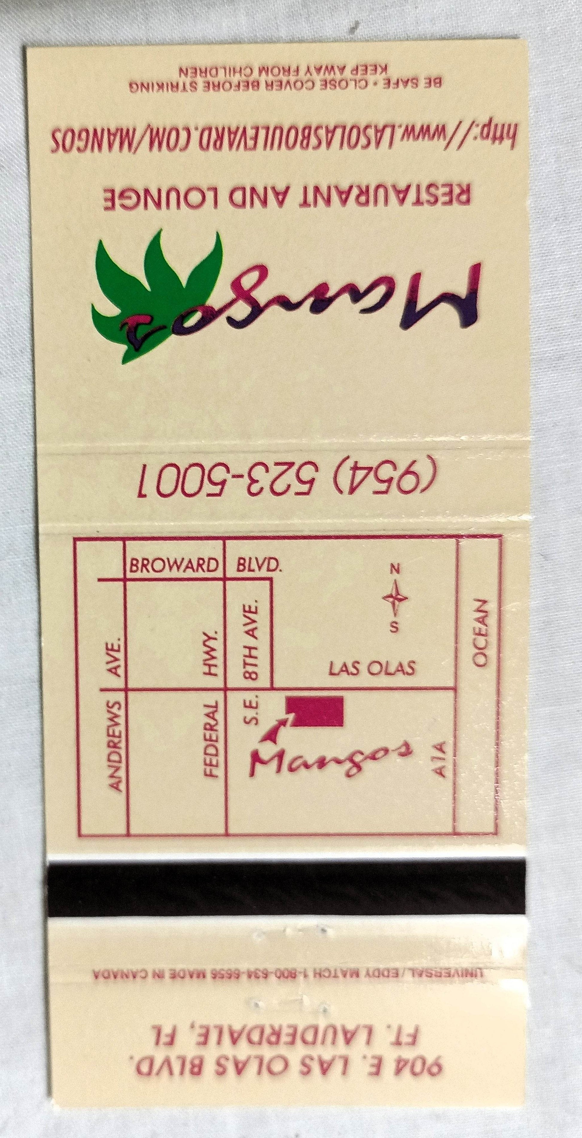 Mangos Restaurant Lounge Las Olas Ft Lauderdale Matchbook Cover 2000's - TulipStuff
