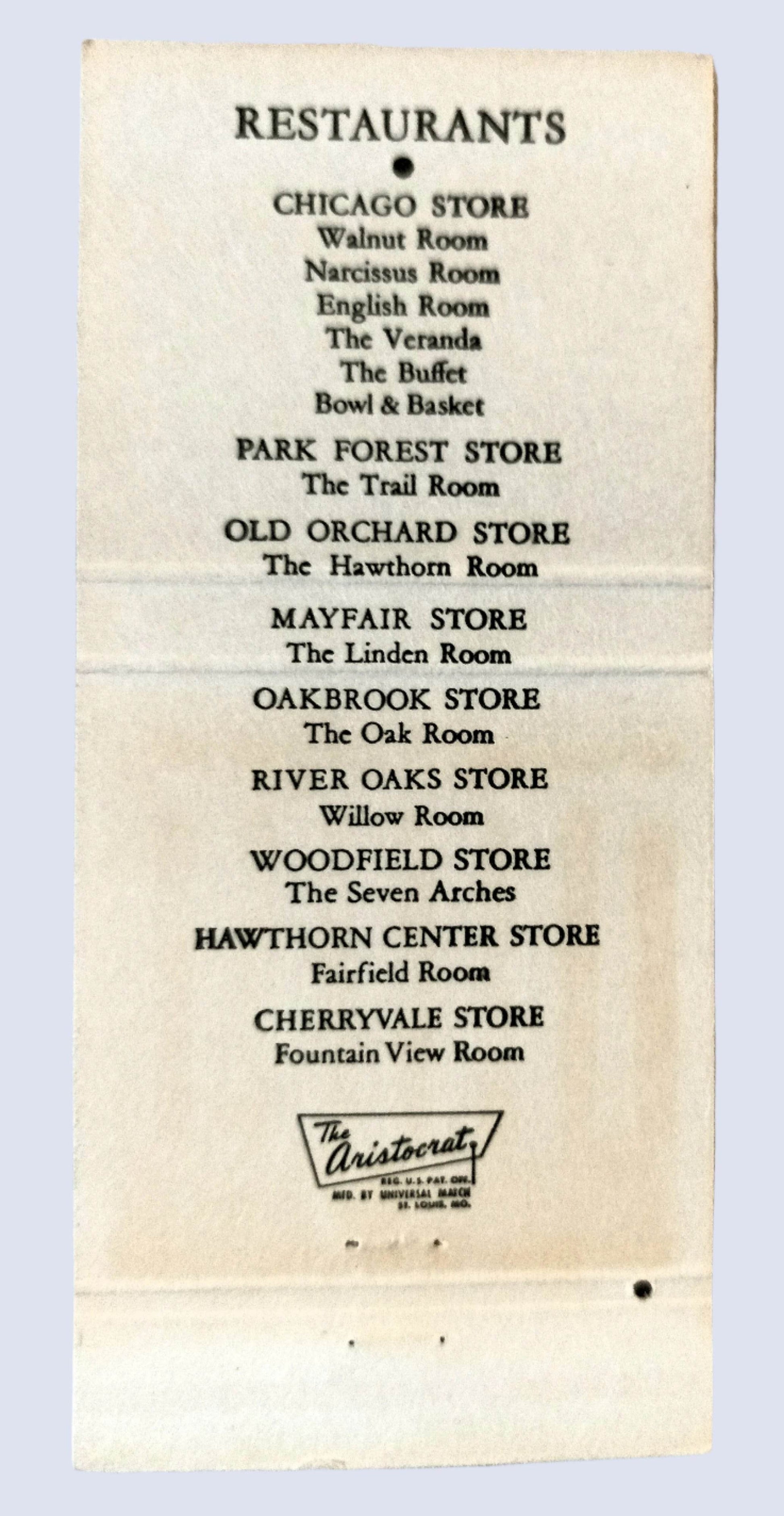 Marshall Field Department Stores Restaurants Matchbook Cover 1950's - TulipStuff
