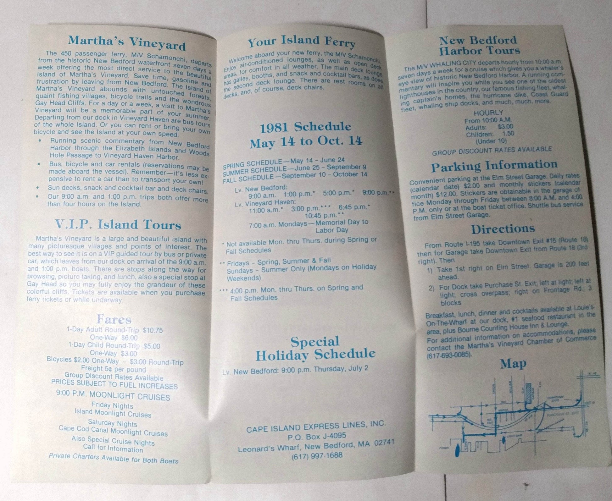 Martha's Vineyard Ferry M/V Schamonchi 1981 Schedule Brochure - TulipStuff