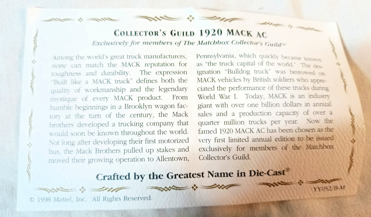 Matchbox Collectibles YY052/B-M Collector's Guild 1920 Mack AC 1998 - TulipStuff
