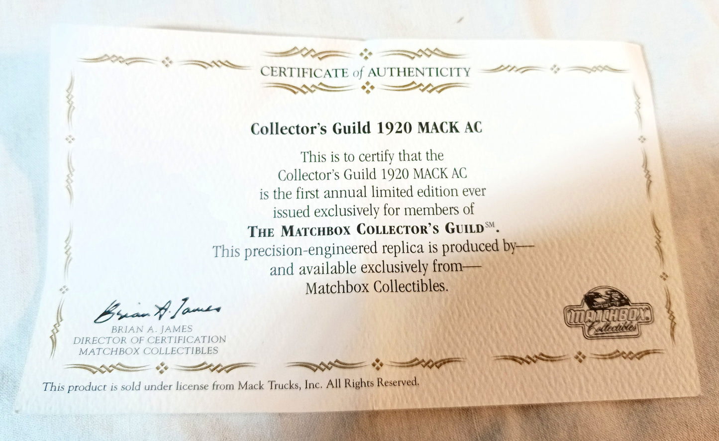 Matchbox Collectibles YY052/B-M Collector's Guild 1920 Mack AC 1998 - TulipStuff