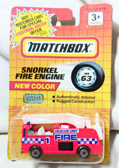 Matchbox 63 Snorkel Fire Truck Diecast Metal Toy 1992 Orange - TulipStuff