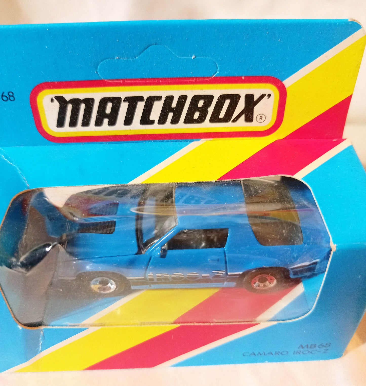 Matchbox MB68 Camaro Iroc-Z Chevrolet Blue Macau Box 1987 - TulipStuff