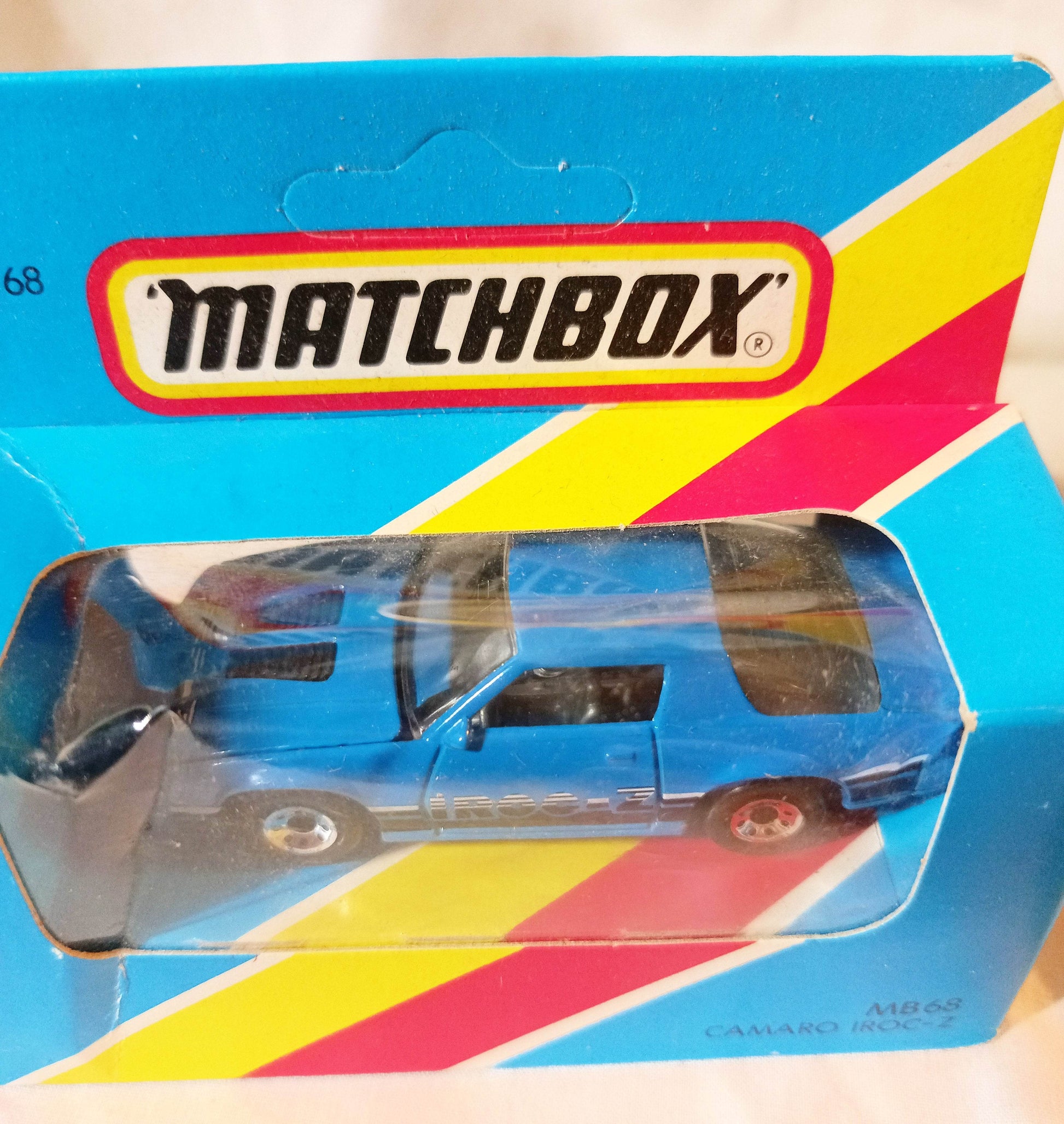 Matchbox MB68 Camaro Iroc-Z Chevrolet Blue Macau Box 1987 - TulipStuff