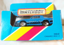 Load image into Gallery viewer, Matchbox MB68 Camaro Iroc-Z Chevrolet Blue Macau Box 1987 - TulipStuff
