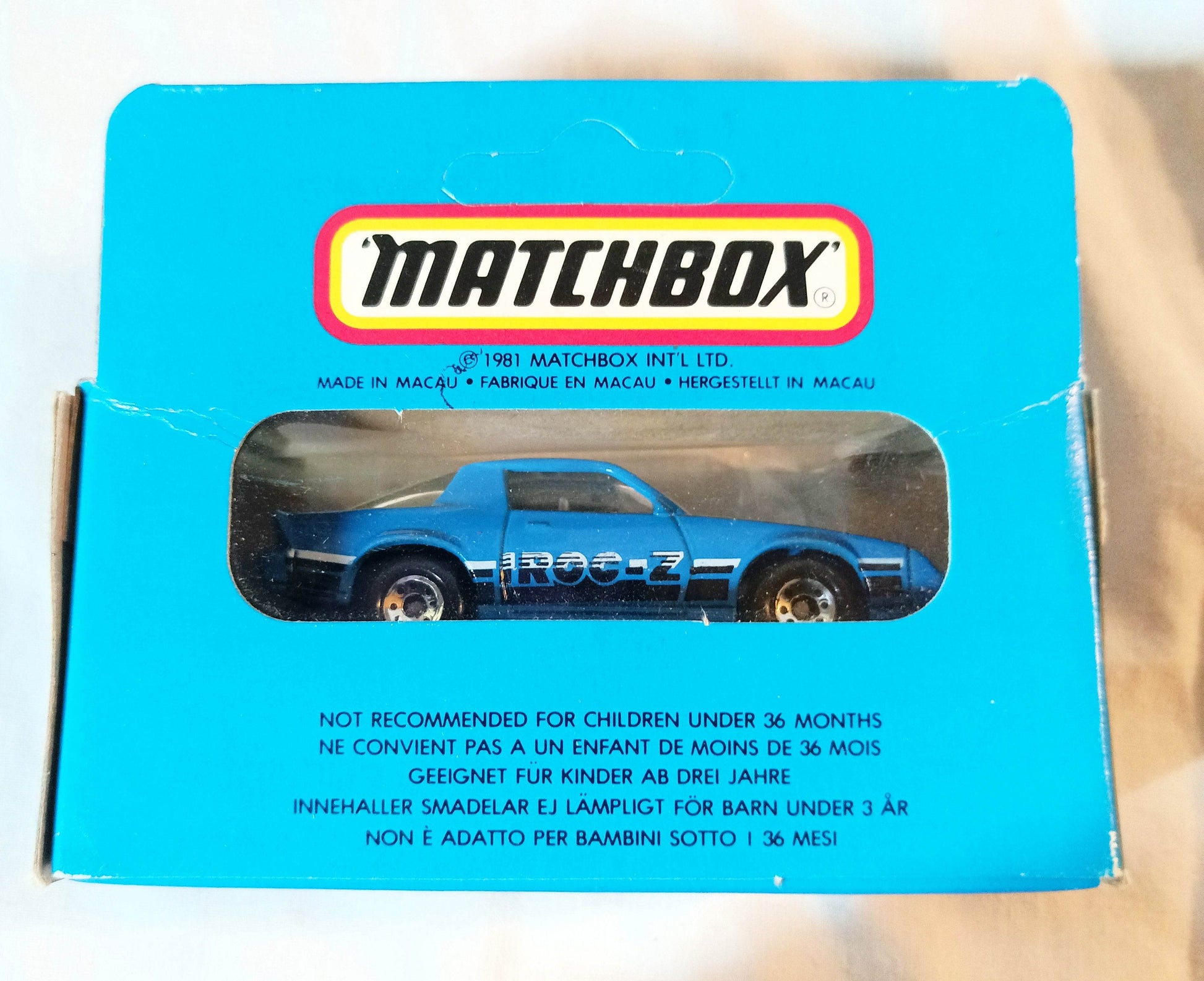 Matchbox MB68 Camaro Iroc-Z Chevrolet Blue Macau Box 1987 - TulipStuff