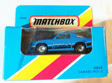Load image into Gallery viewer, Matchbox MB68 Camaro Iroc-Z Chevrolet Blue Macau Box 1987 - TulipStuff

