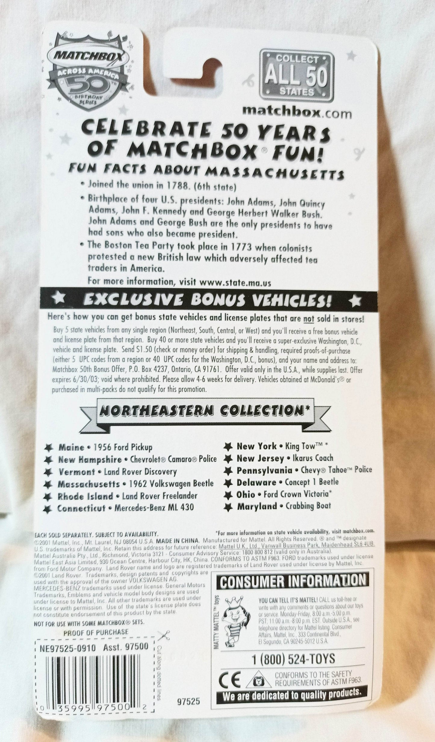 Matchbox Across America 50th Bday Series Massachusetts 1962 VW Beetle - TulipStuff