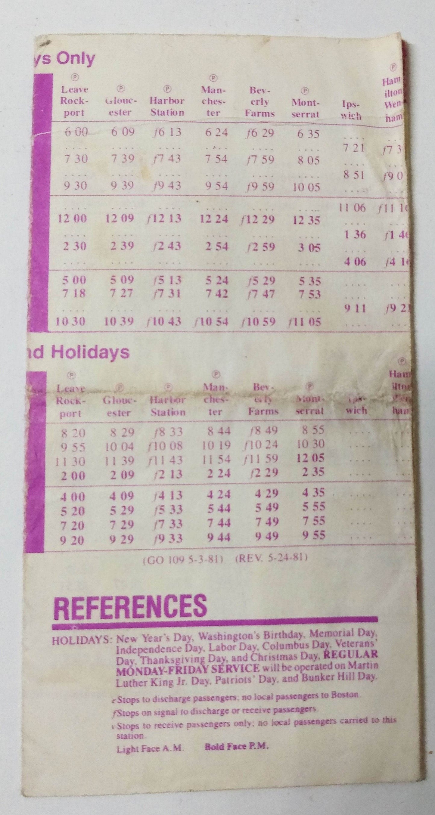 MBTA Eastern Line Gloucester Branch Commuter Rail Schedule 1982 - TulipStuff