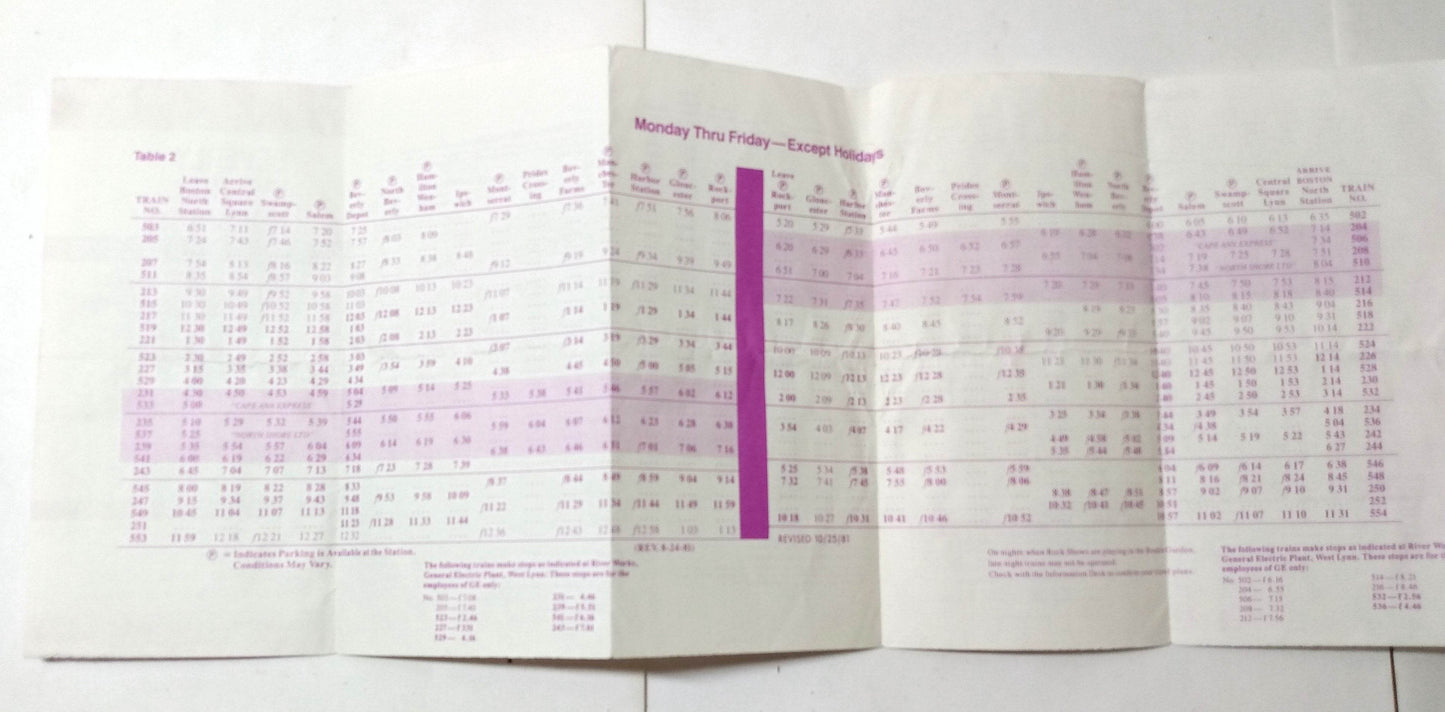 MBTA Eastern Line Gloucester Branch Commuter Rail Schedule 1982 - TulipStuff