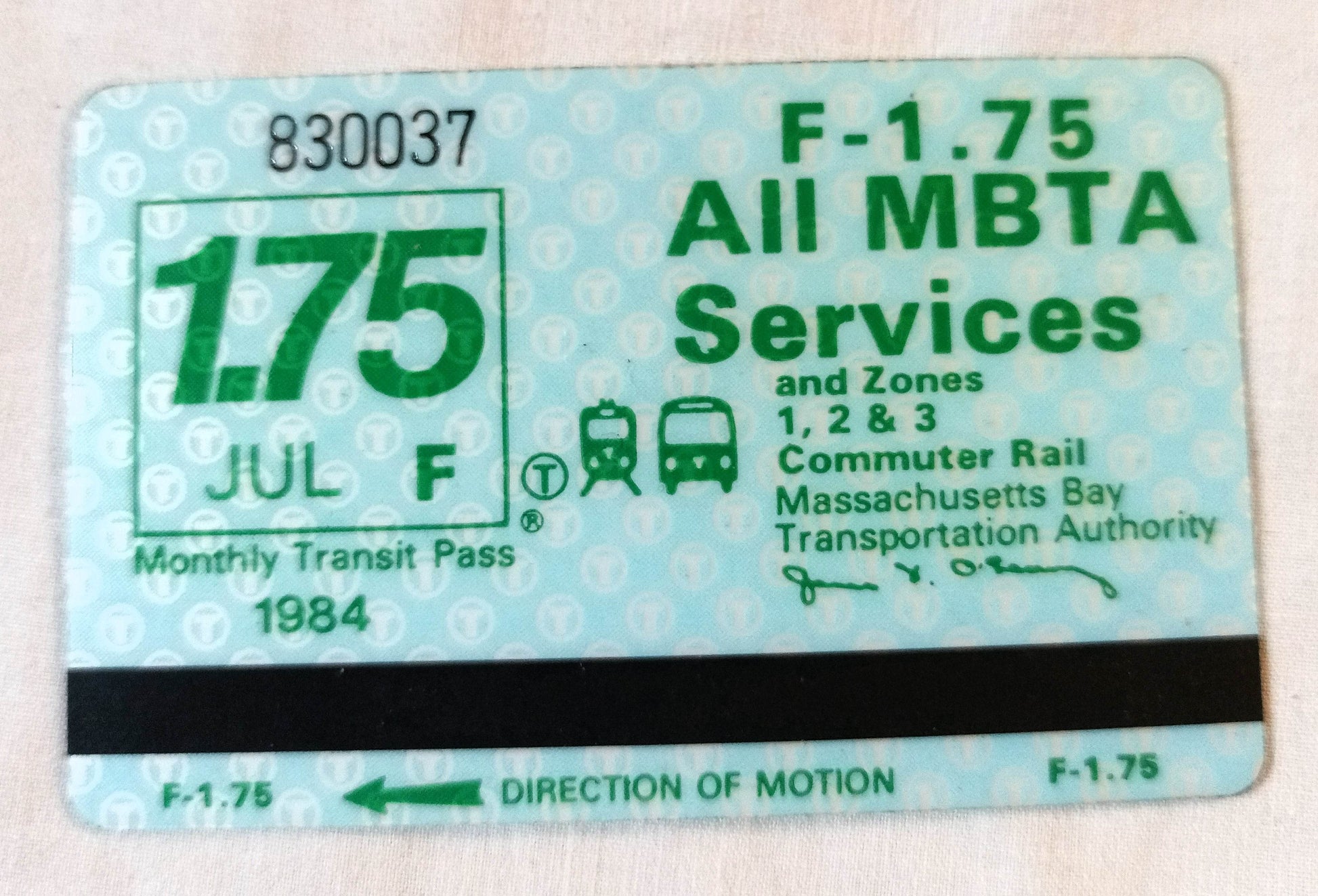 Boston MBTA Rapid Transit Commuter Rail Monthly Pass July 1984 - TulipStuff