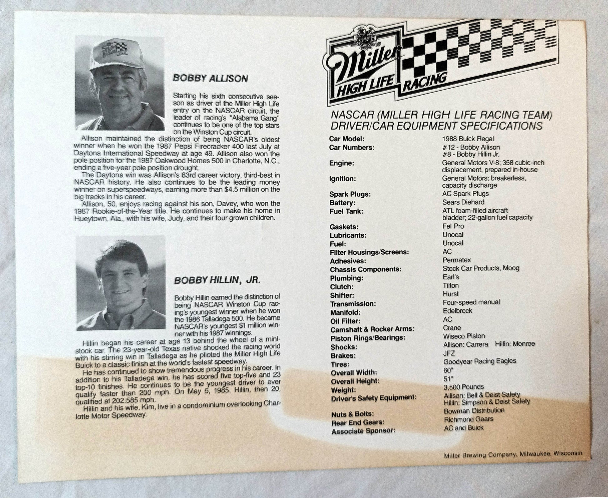 Miller High Life Racing 1988 Bobby Allison Bobby Hillin Jr Photo Card 10X8 - TulipStuff