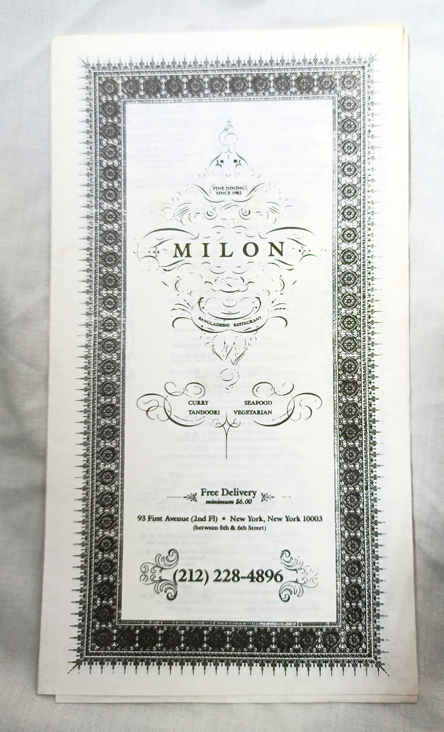 Milon Bangladeshi Restaurant 1st Ave Little India NYC Menu 1990s - TulipStuff