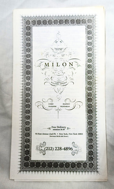 Milon Bangladeshi Restaurant 1st Ave Little India NYC Menu 1990s - TulipStuff