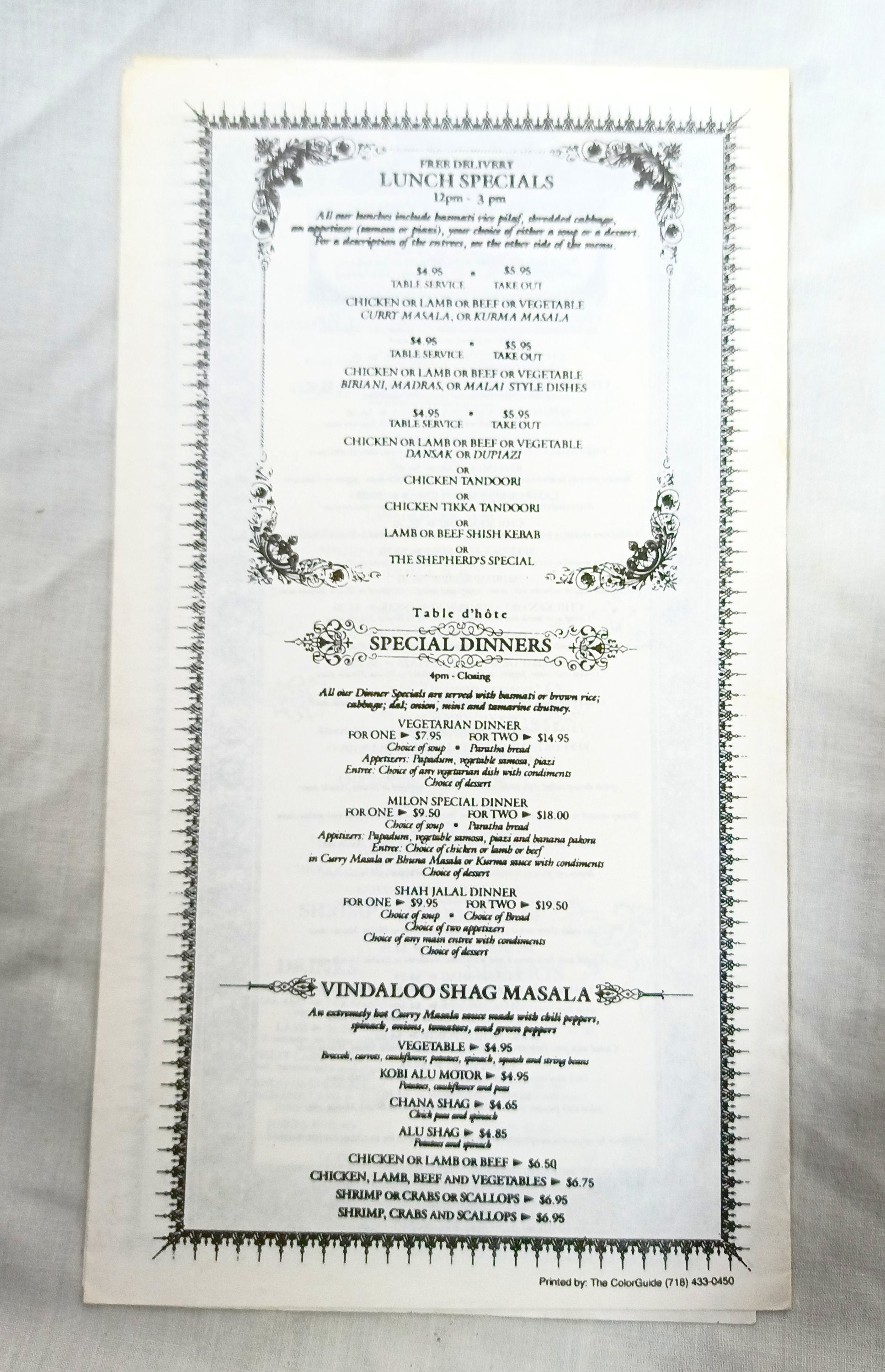 Milon Bangladeshi Restaurant 1st Ave Little India NYC Menu 1990s - TulipStuff