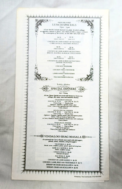 Milon Bangladeshi Restaurant 1st Ave Little India NYC Menu 1990s - TulipStuff