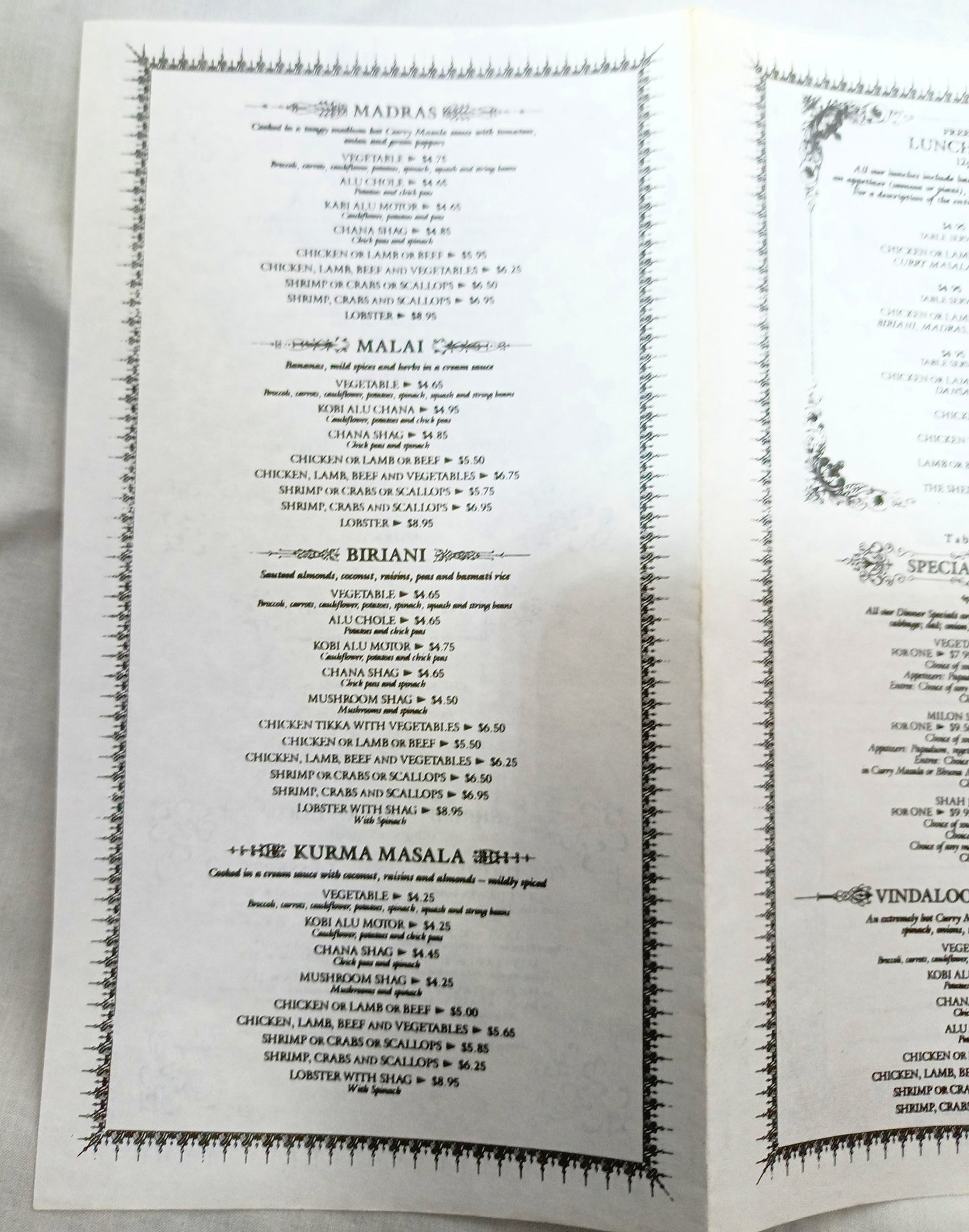 Milon Bangladeshi Restaurant 1st Ave Little India NYC Menu 1990s - TulipStuff