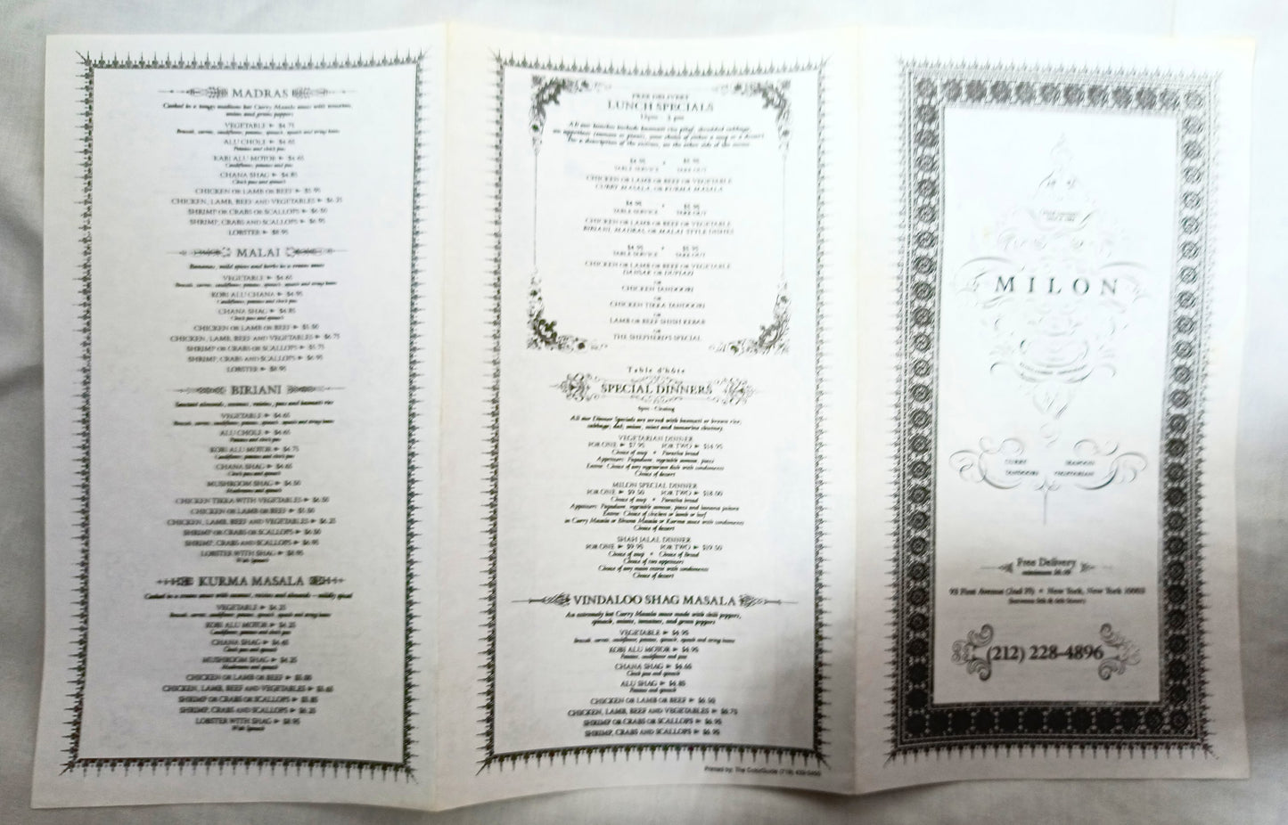 Milon Bangladeshi Restaurant 1st Ave Little India NYC Menu 1990s - TulipStuff