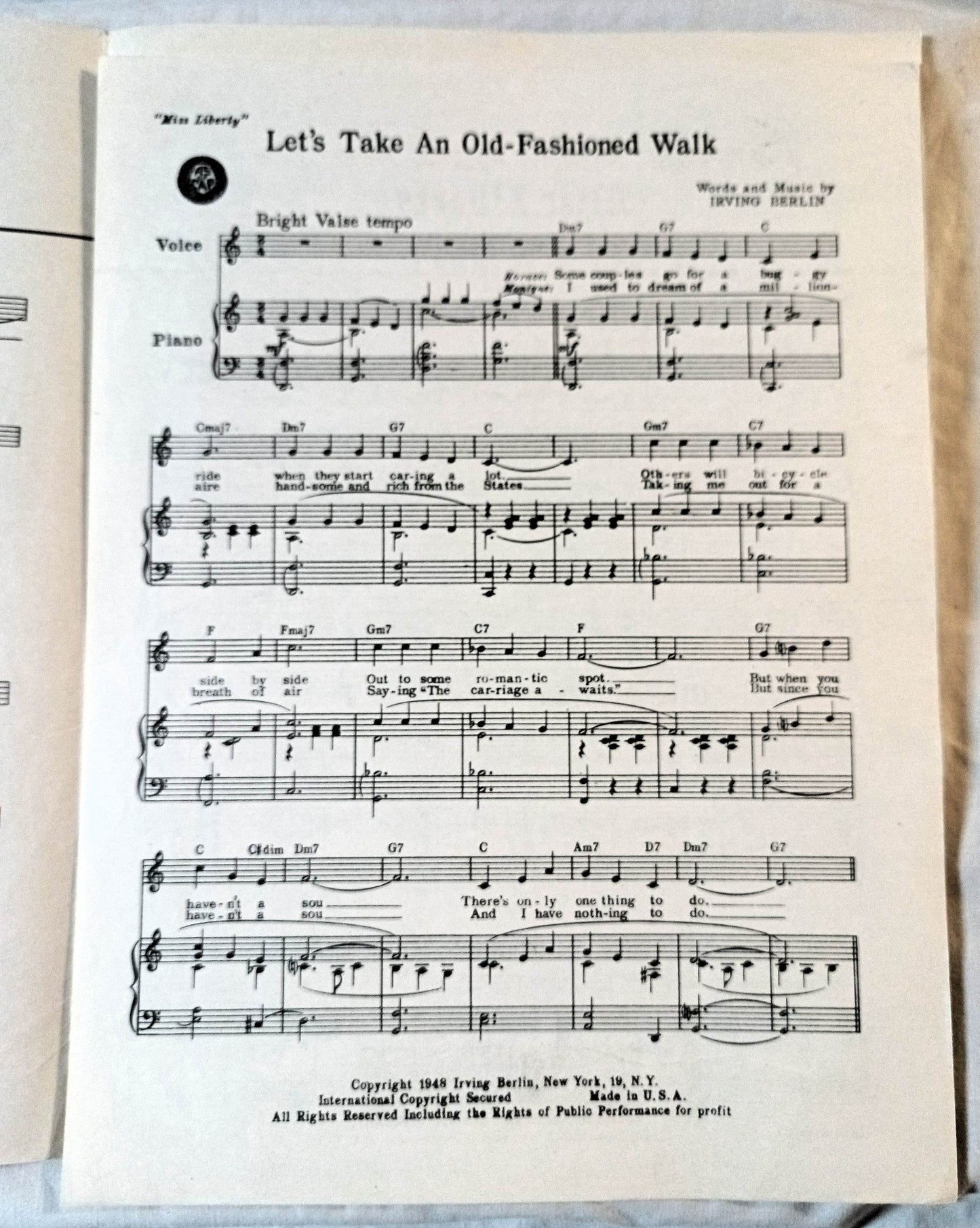 Lets Take An Old-Fashioned Walk Miss Liberty Sheet Music I.Berlin 1949 - TulipStuff