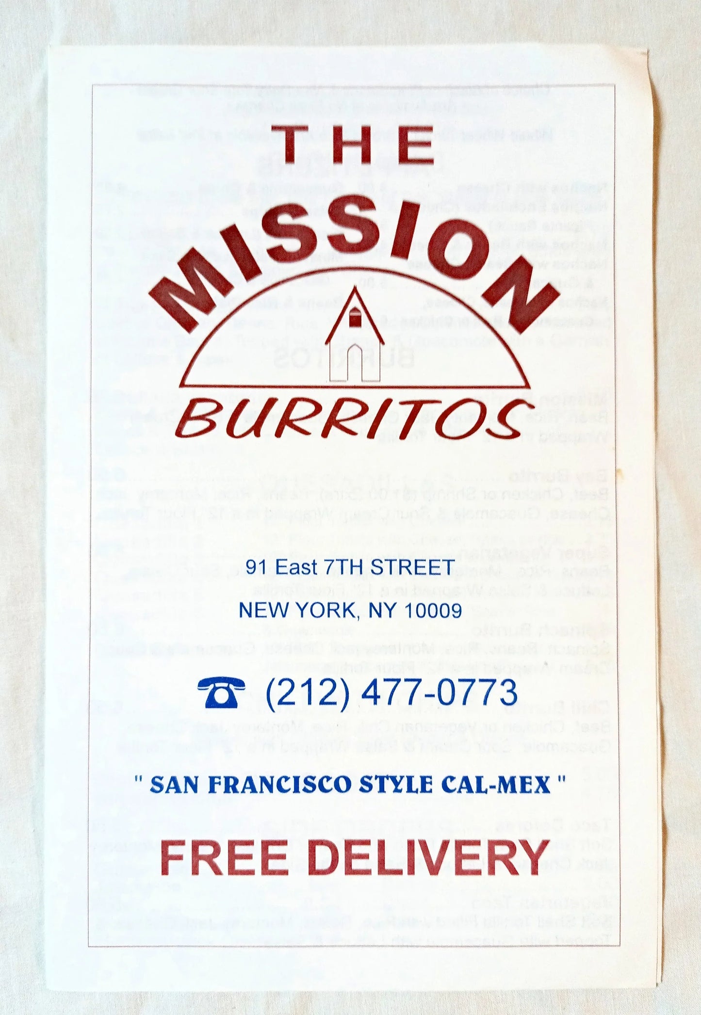 The Mission Burritos E 7th St Take Out Menu East Village NYC Late 1990's - TulipStuff