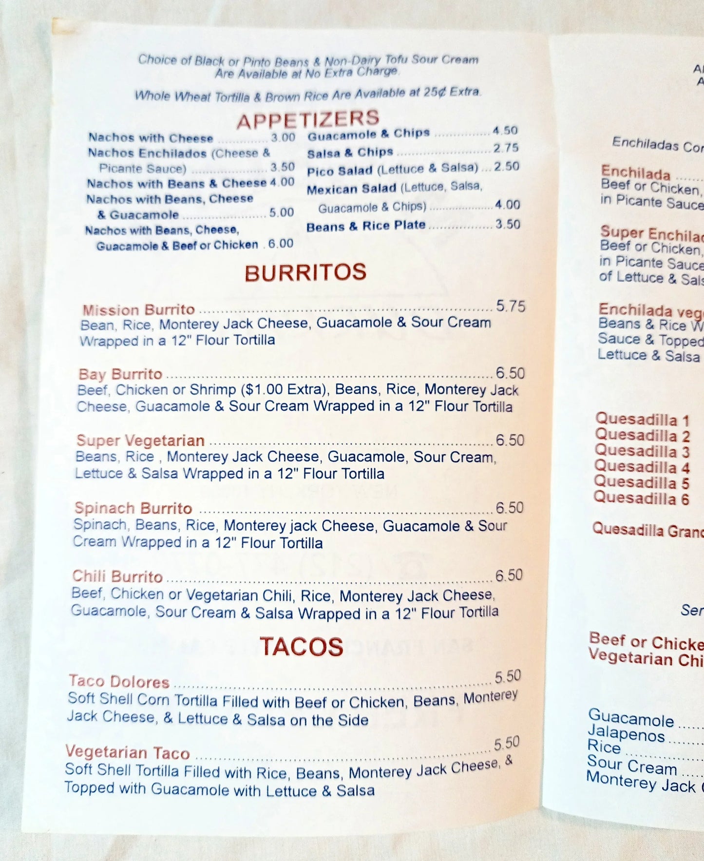 The Mission Burritos E 7th St Take Out Menu East Village NYC Late 1990's - TulipStuff