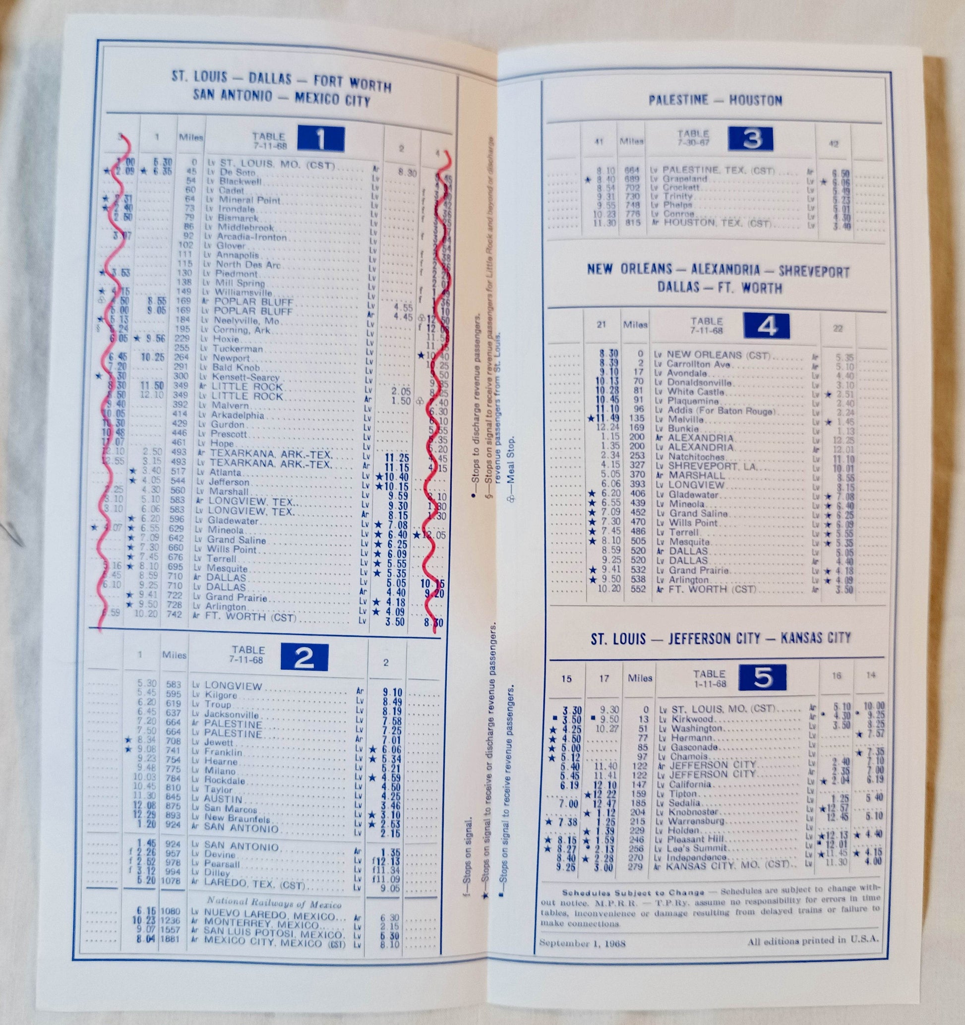 Missouri Pacific Lines Passenger Train Schedule 1968 Midwest Southwest - TulipStuff