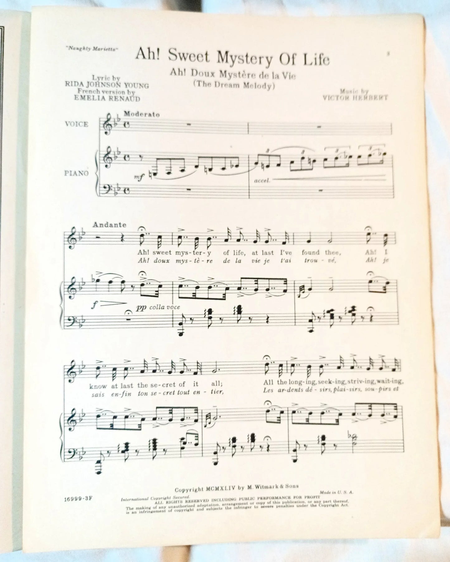 Ah Sweet Mystery Of Life Victor Herbert's Naughty Marietta Sheet Music 1944 - TulipStuff