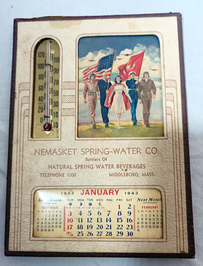 Nemasket Spring Water 1943 Calendar Thermometer Patriotic World War II - TulipStuff