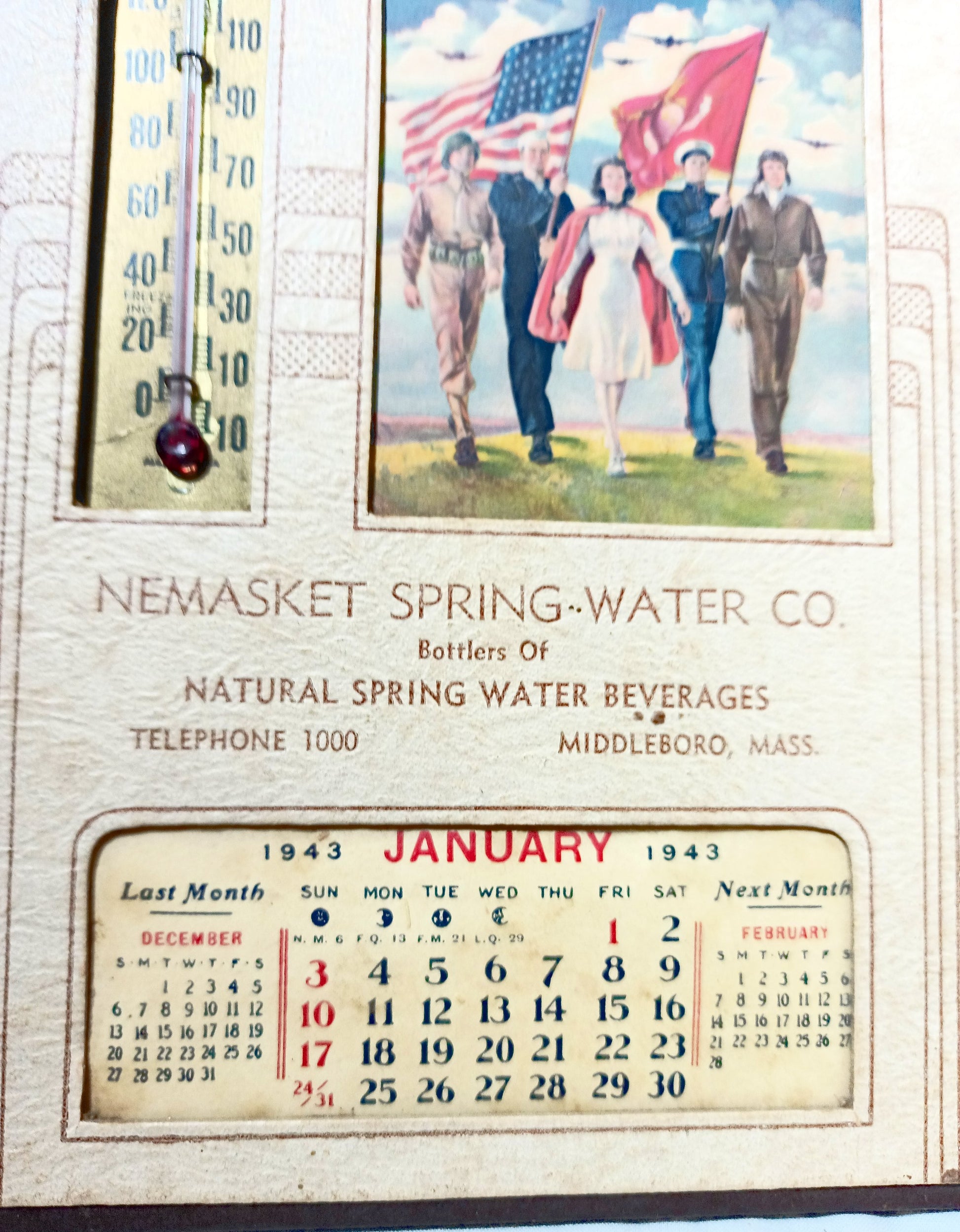 Nemasket Spring Water 1943 Calendar Thermometer Patriotic World War II - TulipStuff