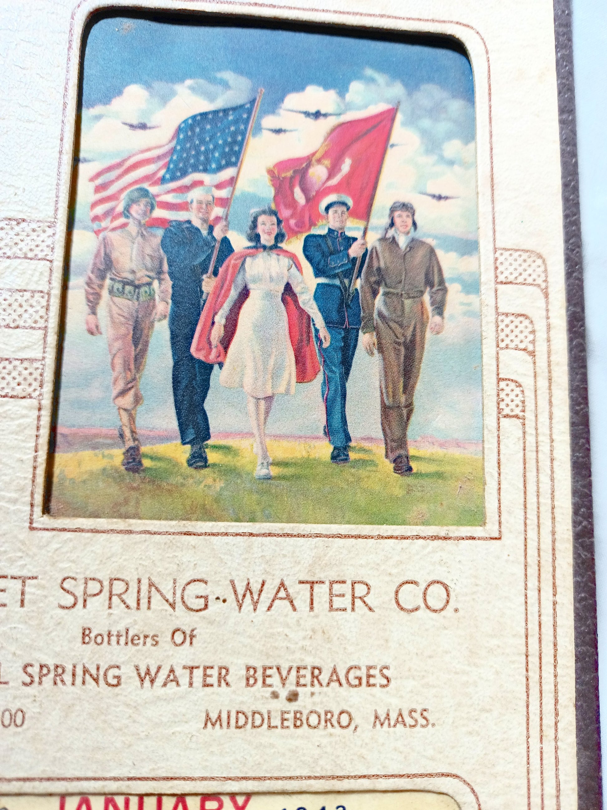 Nemasket Spring Water 1943 Calendar Thermometer Patriotic World War II - TulipStuff