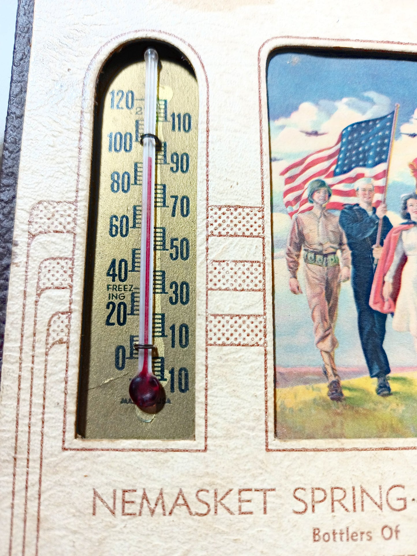 Nemasket Spring Water 1943 Calendar Thermometer Patriotic World War II - TulipStuff