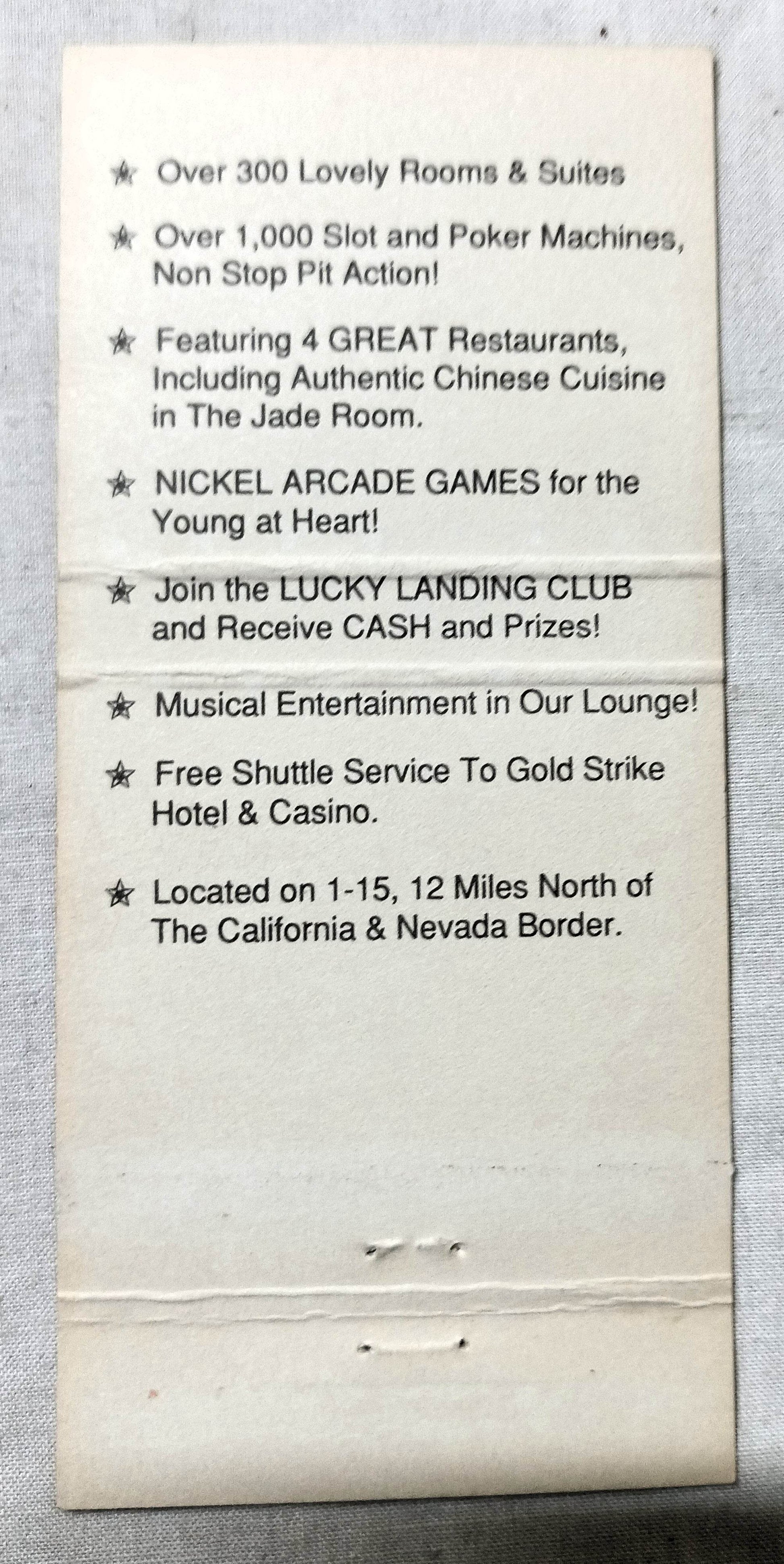 Nevada Landing Hotel And Casino Jean NV Matchbook Cover 1990's - TulipStuff