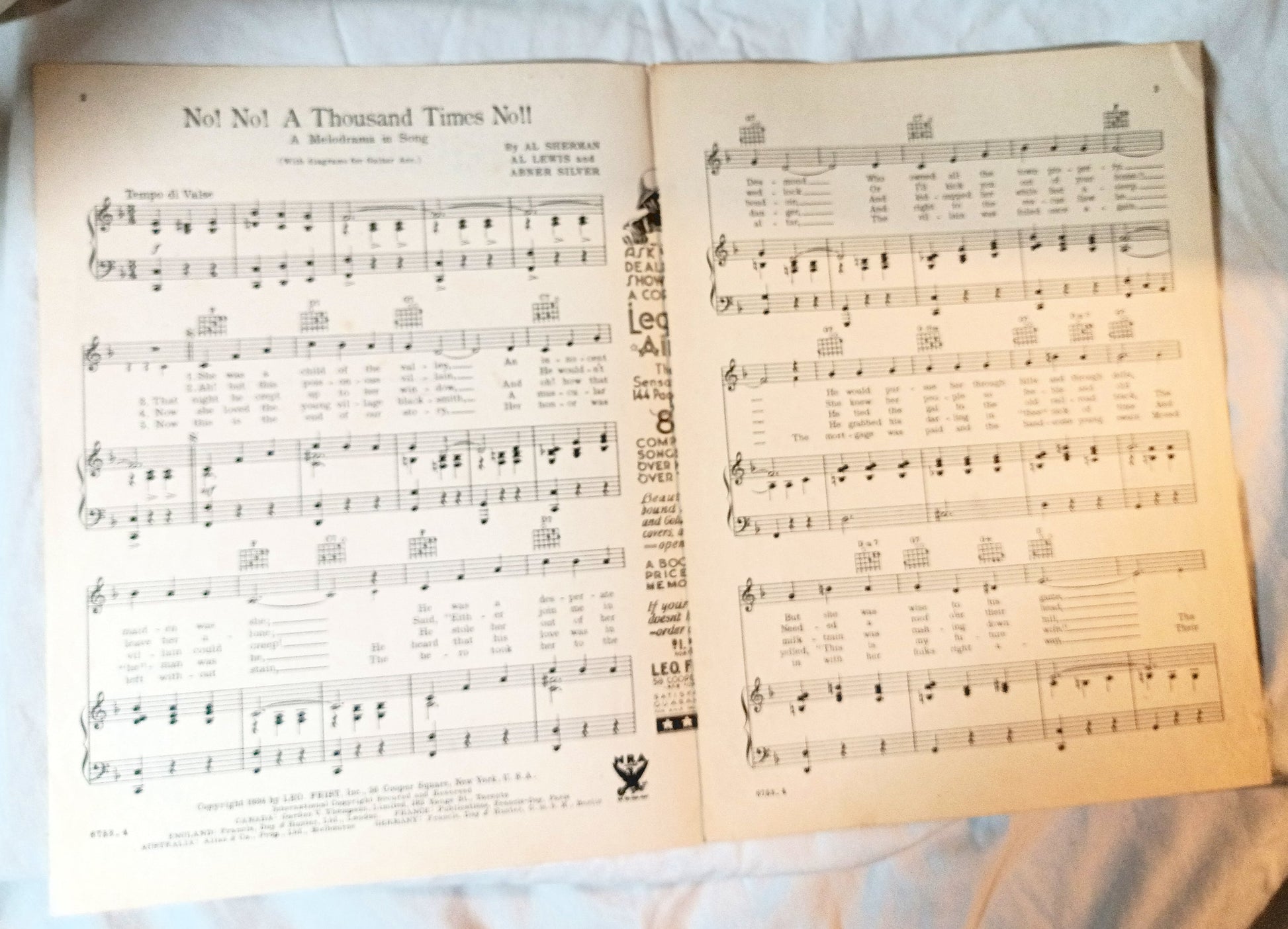No No A Thousand Times No Sheet Music Al Lewis Cross and Dunn 1934 - TulipStuff