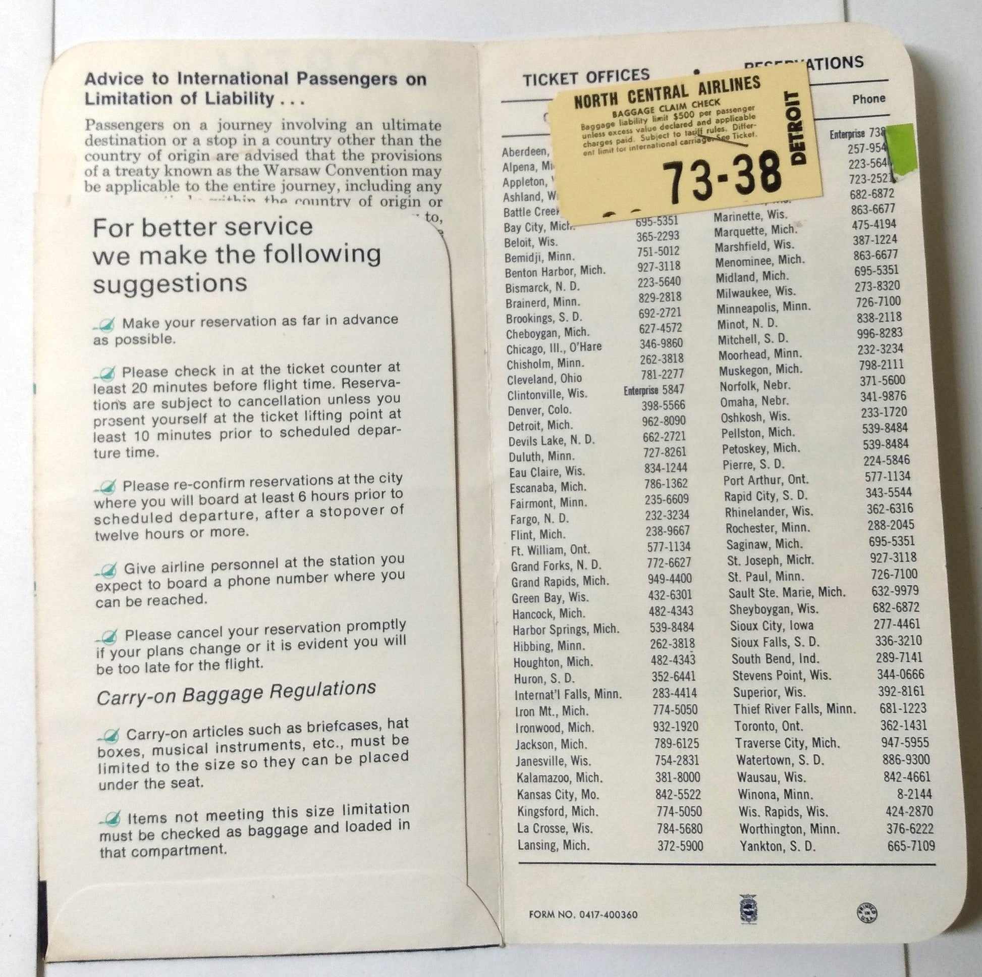 North Central Airlines Gate Pass Ticket Jacket Baggage Claim 1970 - TulipStuff