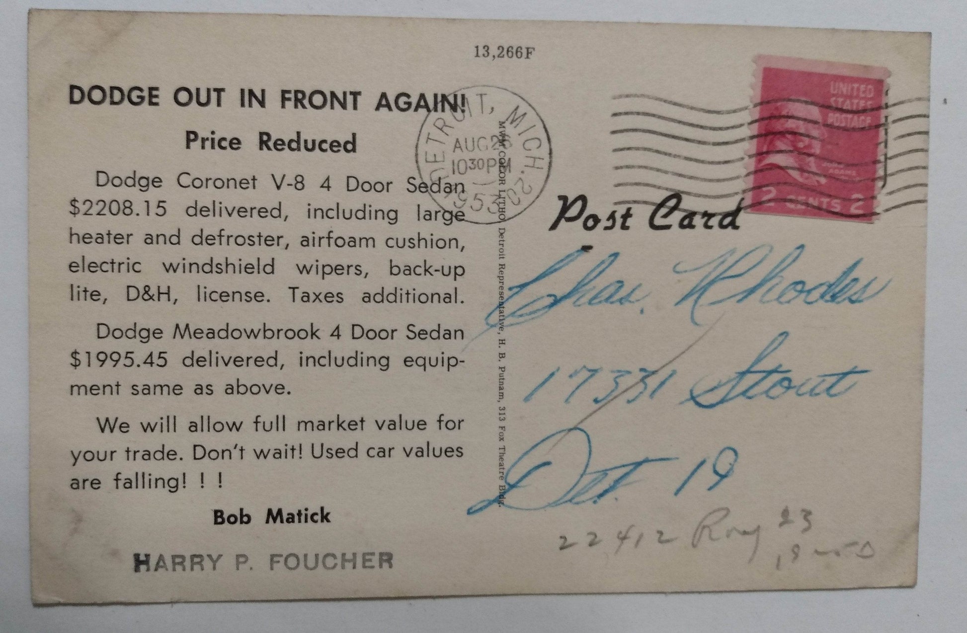 Northeast Auto Co Dodge Plymouth Cars Truck Detroit MI Car Dealer 1953 - TulipStuff