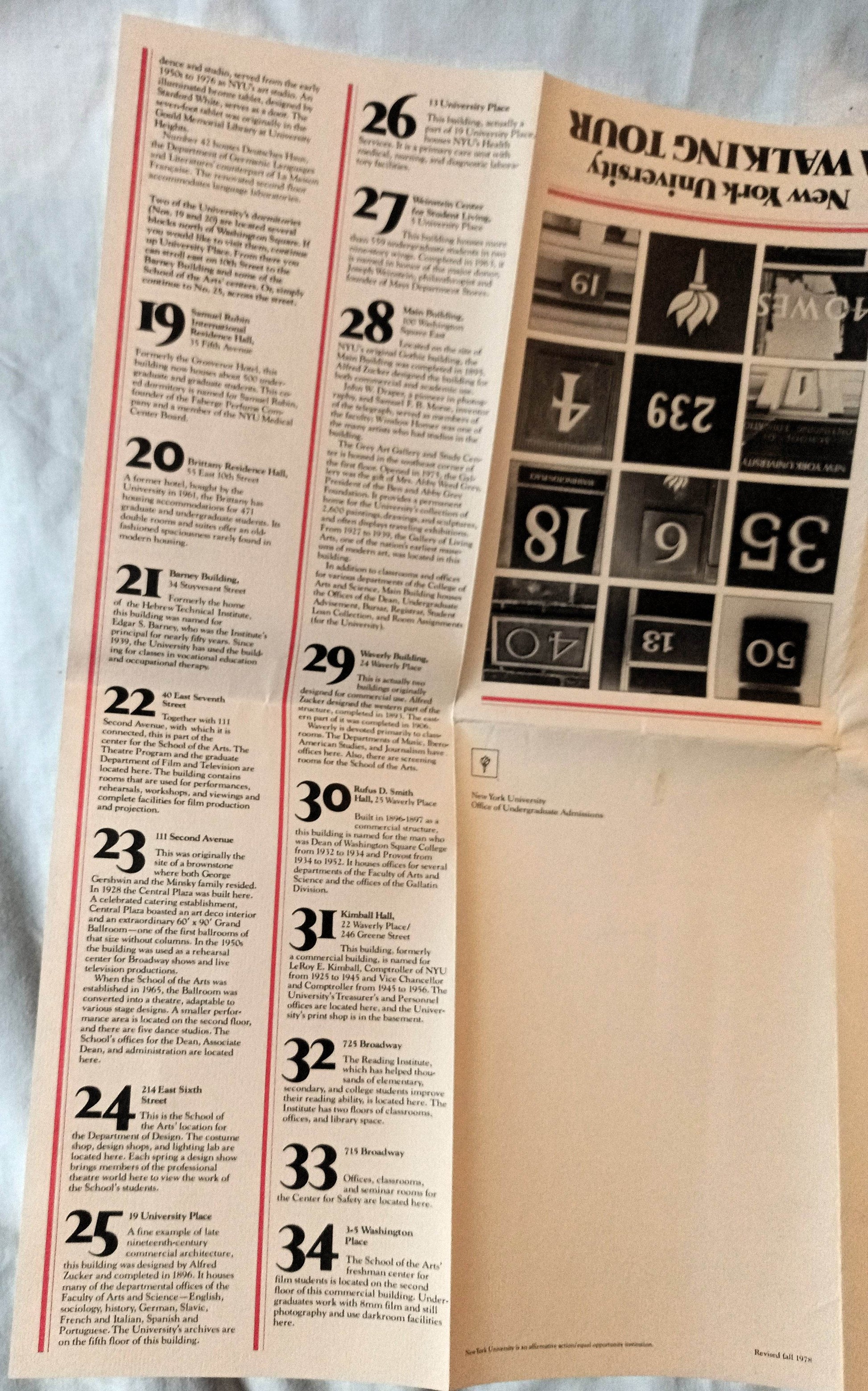 NYU New York University Washington Square Walking Tour Map Guide 1978 - TulipStuff