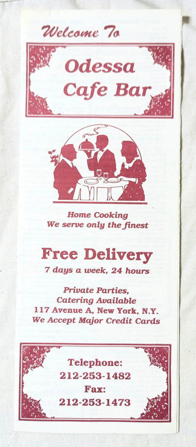 Odessa Cafe Bar Avenue A NYC Restaurant Takeout Menu Early 2000's - TulipStuff